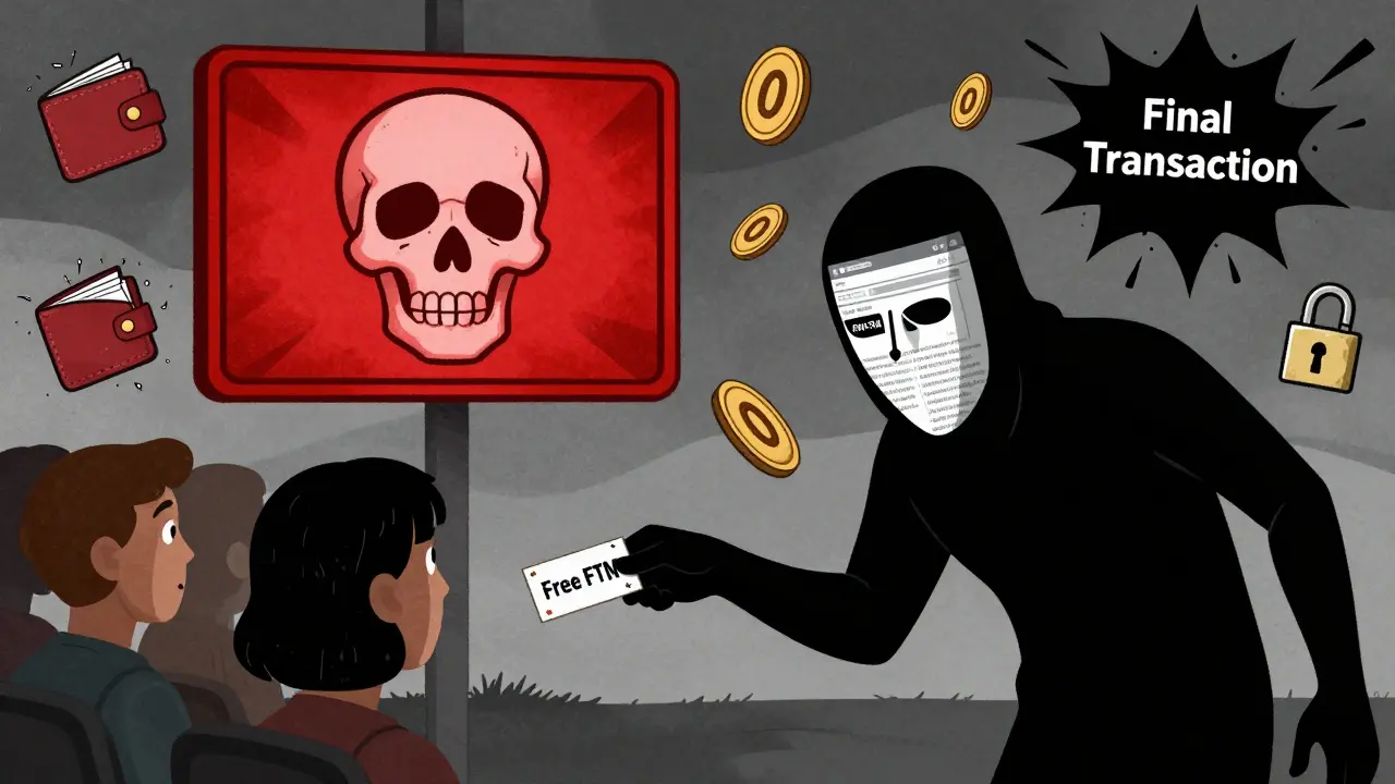 A shadowy scammer handing out fake tokens as warning signs and broken wallets float in a dark sky.