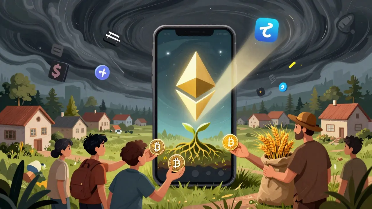 A smartphone with a blockchain root system connecting urban youth to a rural farmer, amid digital scams.