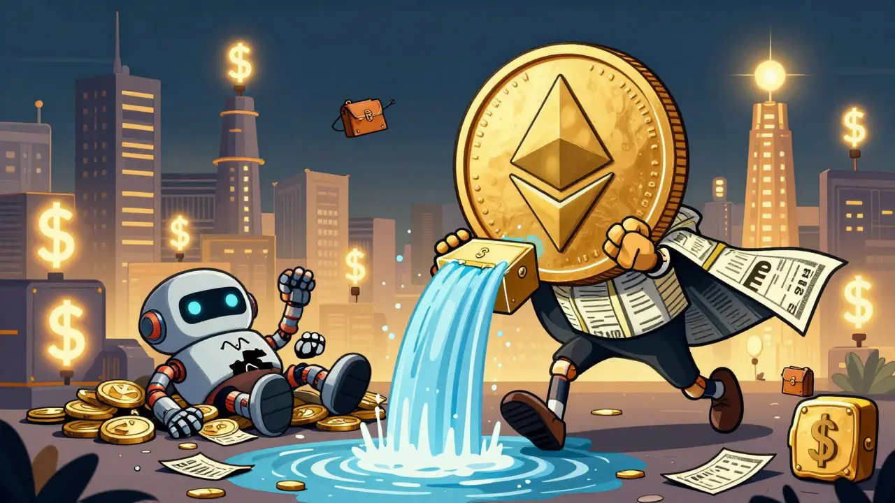A smiling Ethereum coin swapping ETH directly to USDC while a broken WETH robot lies discarded.