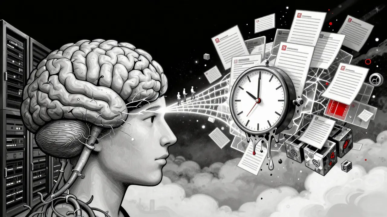 A split brain: private server vines on one side, public audit stamps on the other, connected by binary code.