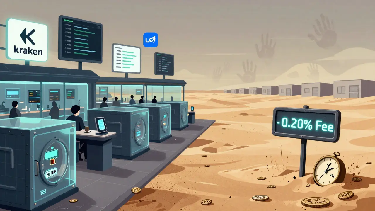 A split scene: active regulated exchange on one side, a barren desert with sinking coins on the other.