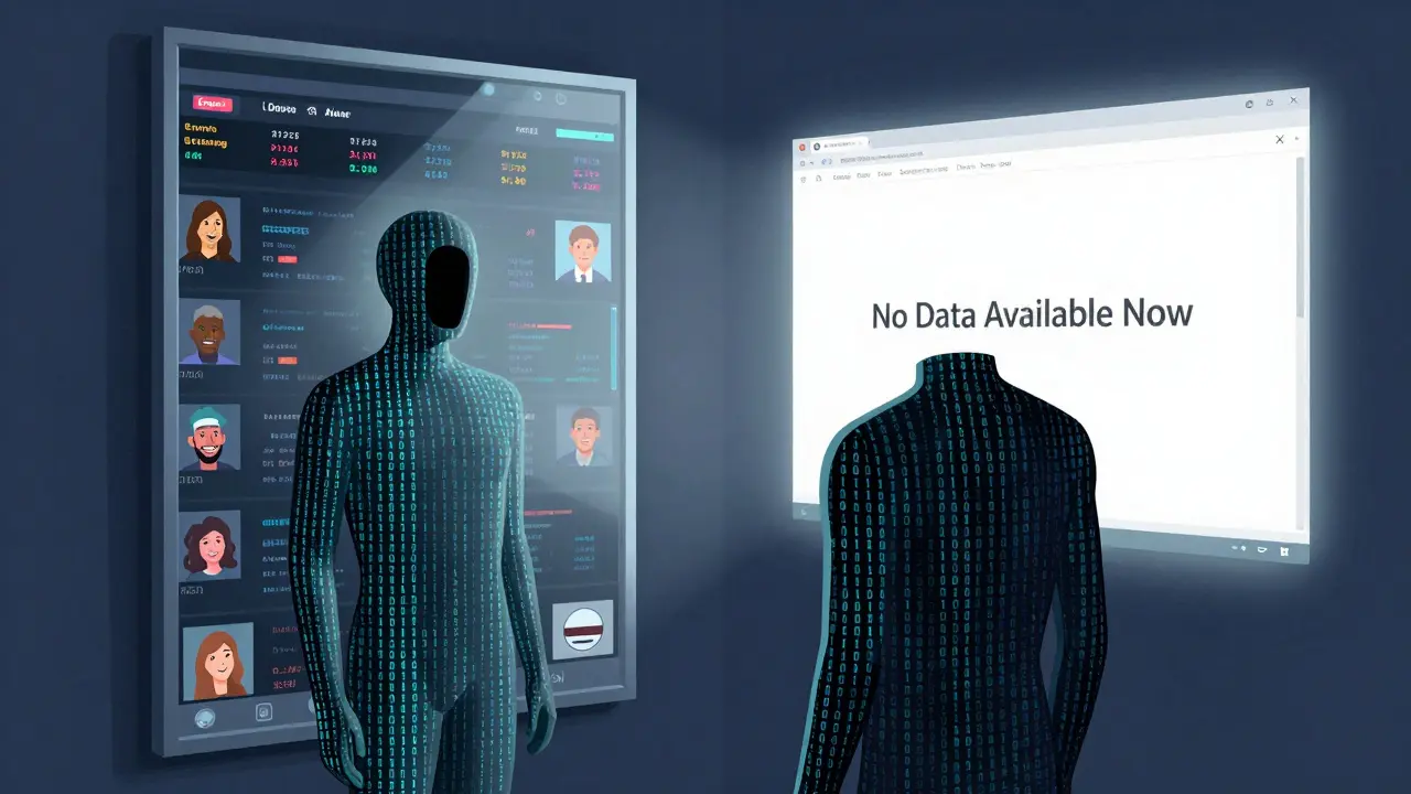 A static human figure sees a thriving exchange in a mirror, but their own reflection shows only an empty web page.