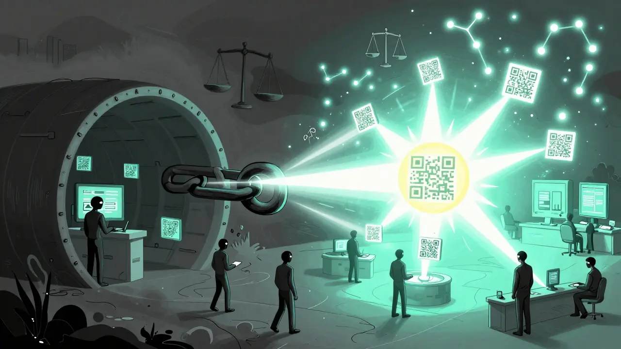 A supply chain chainlink turning into a hybrid blockchain with private tunnels and public QR suns.