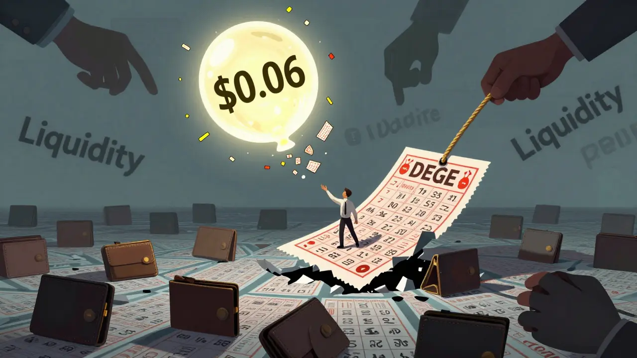 A tiny investor reaching for a bursting DEGE price balloon amid floating charts and empty wallets.