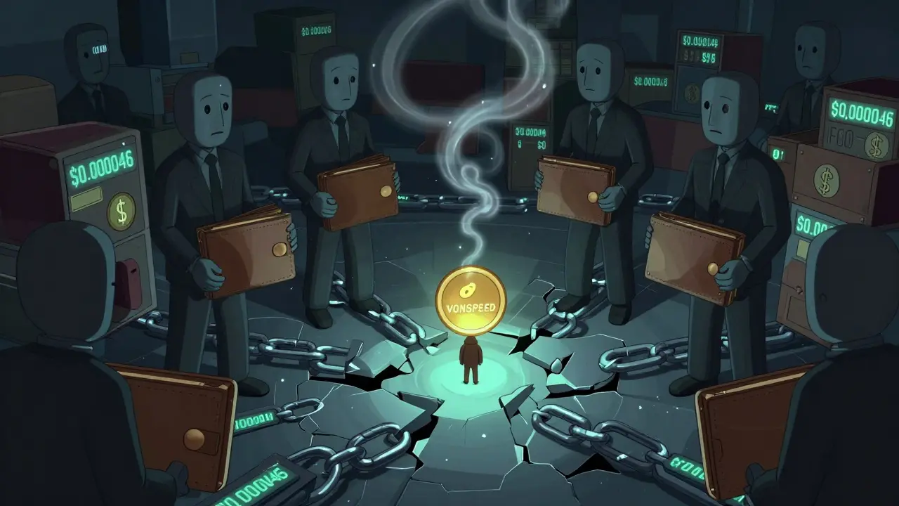 A tiny token ignored in a chaotic marketplace filled with faceless traders and fading price tags.