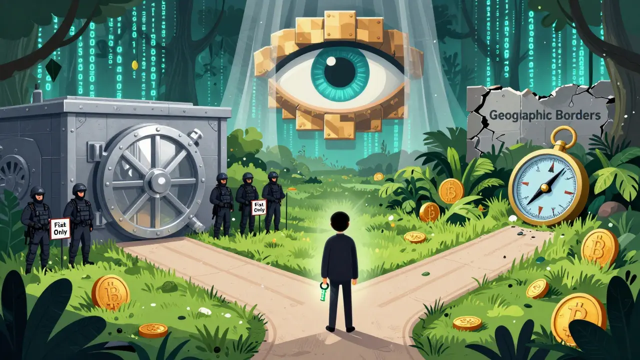 A traveler at a crossroads between regulated CEX vault and wild DEX jungle, holding a seed phrase key.