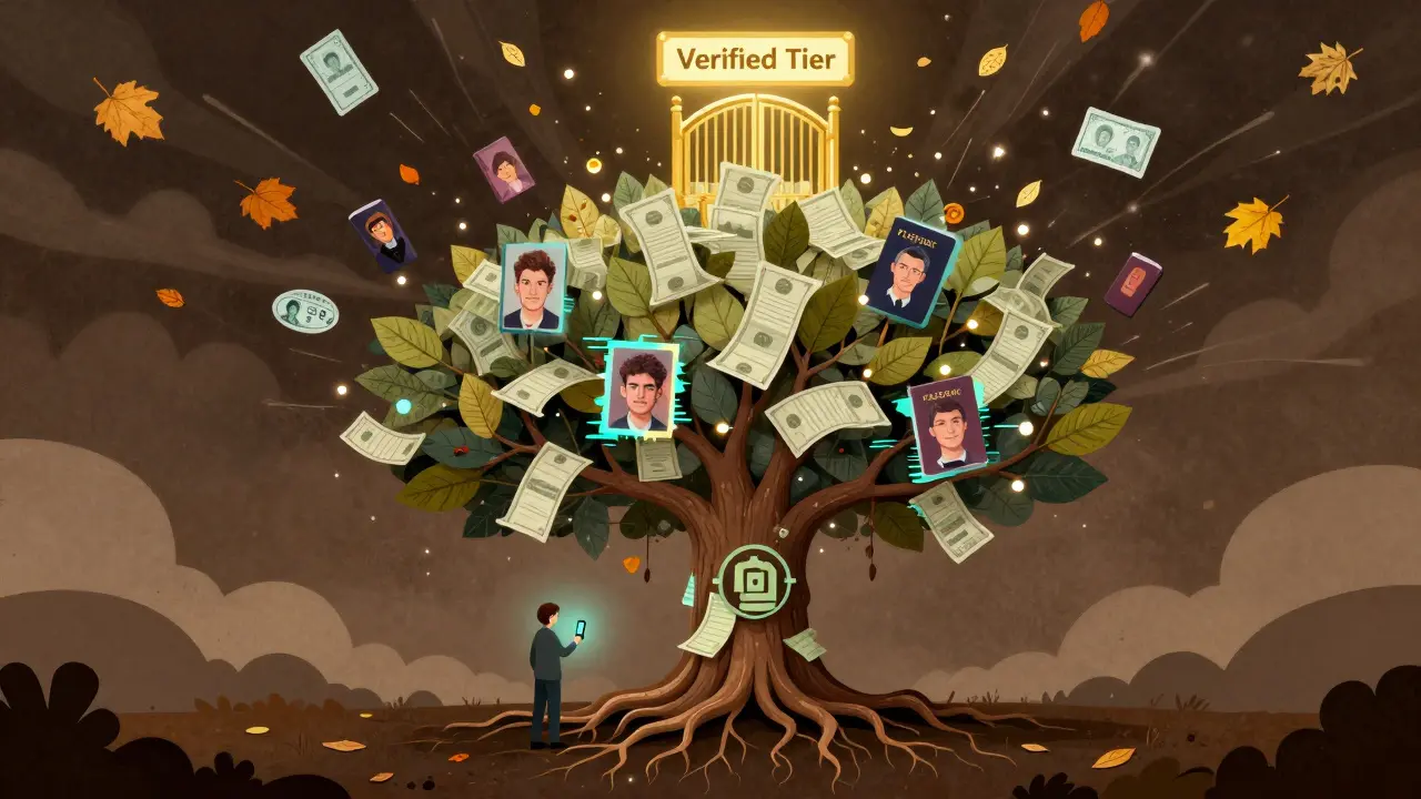 A tree with roots of bills and leaves of passports, with a user below and a golden verified gate above.
