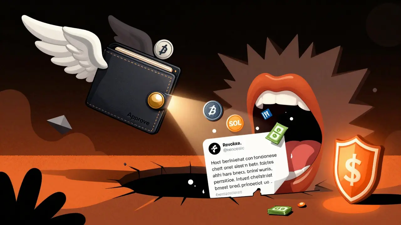 A wallet flies from a trapdoor as crypto falls into a mouth of seed phrases, with a shield of Revoke.cash glowing nearby.