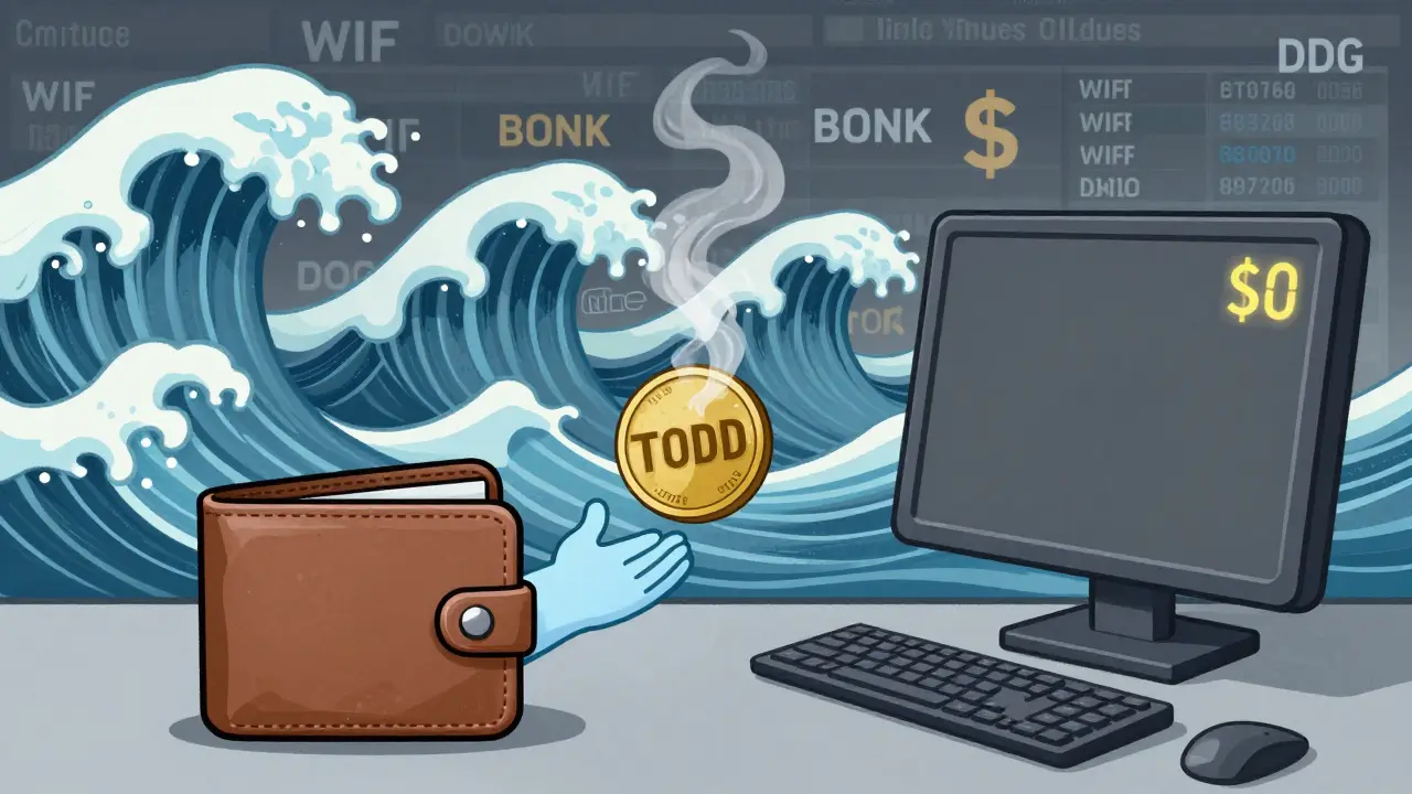 A wallet reaching for a TODD coin that vanishes into smoke, surrounded by thriving crypto volumes.