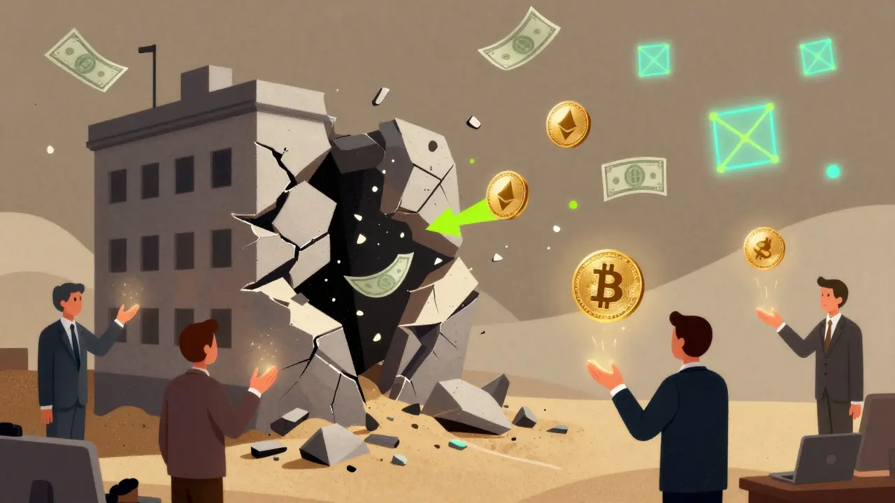 Crypto tokens float to bank clerks as a failed exchange crumbles into sand, symbolizing fast recovery.