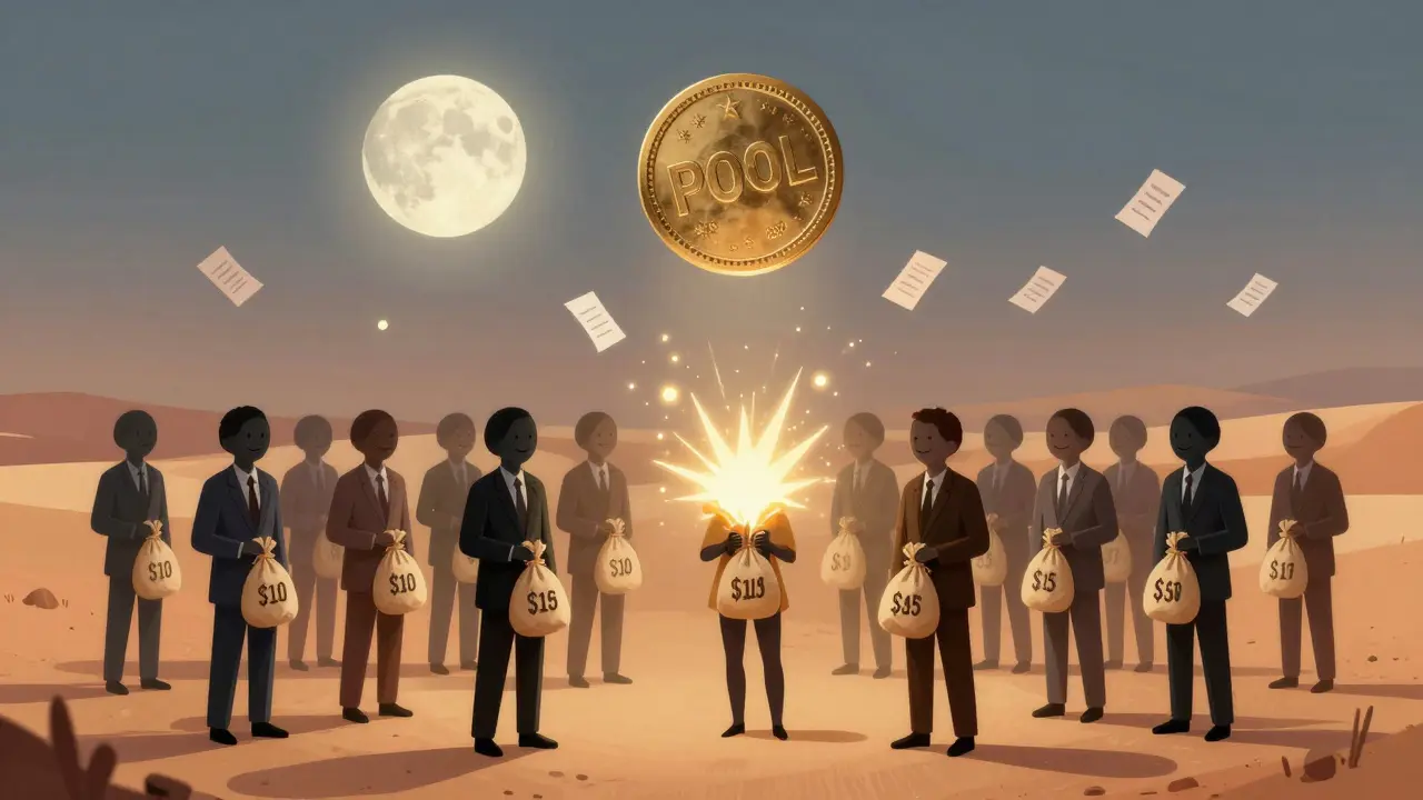 Faceless people in a desert watch one pouch explode in prize light, while a giant POOL token glows overhead.