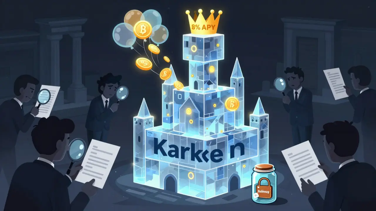 Kraken castle made of blockchain blocks with staking coins rising, while Robinhood is locked in glass.