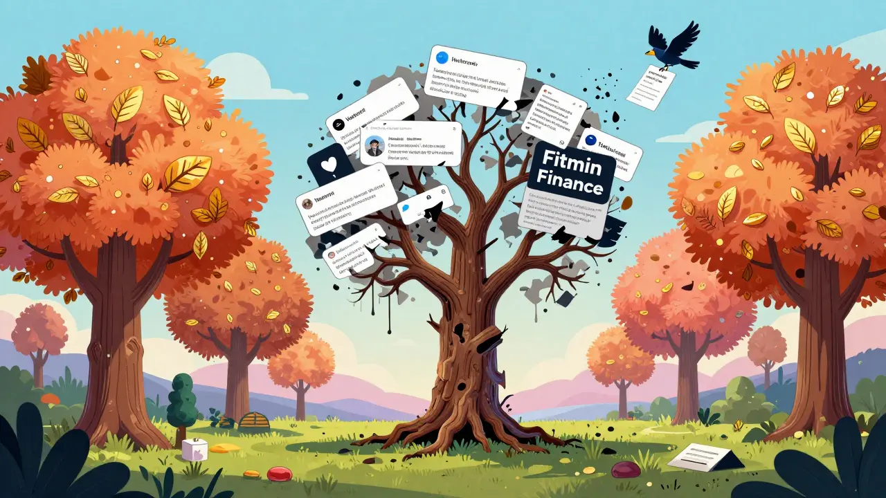 Real DeFi protocols bloom as living trees while a dead tree labeled Fitmin Finance crumbles into ash.