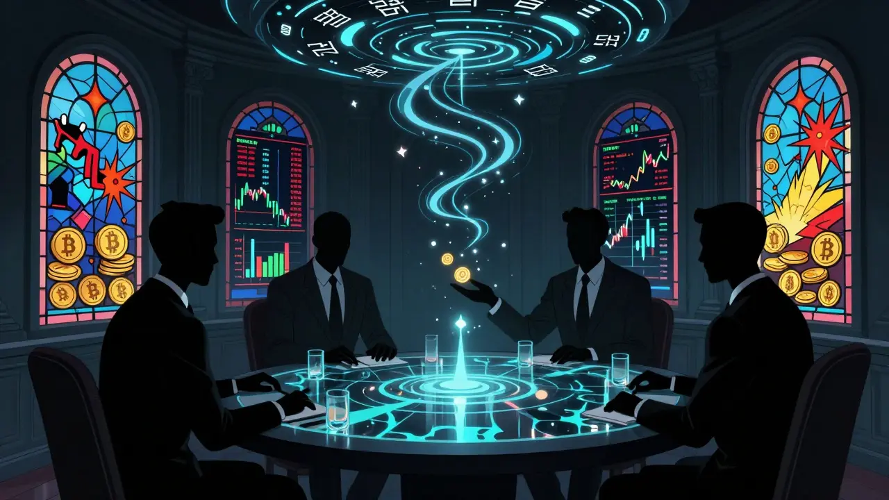 Shadowy investors trade privately in a silent data club while chaotic crypto markets rage outside.