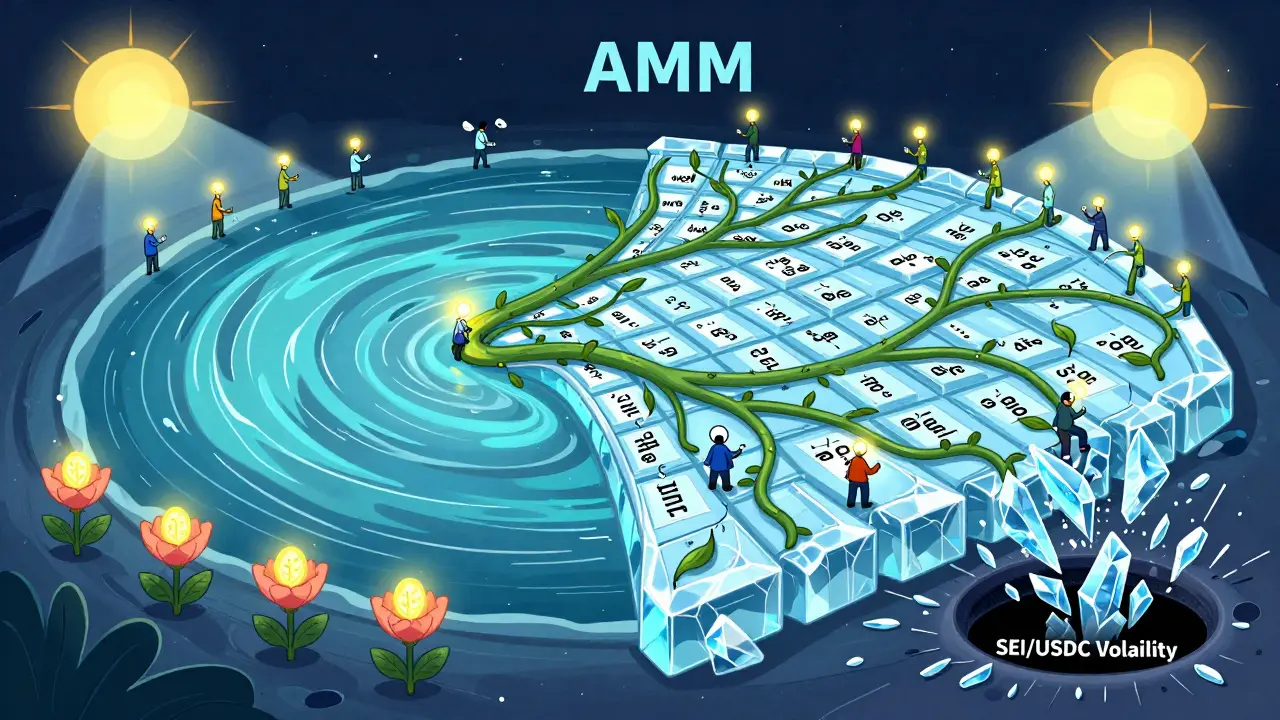 Surreal hybrid AMM-order book organism with liquidity pools and limit orders as living vines, surrounded by yield flowers and impermanent loss ice shards.