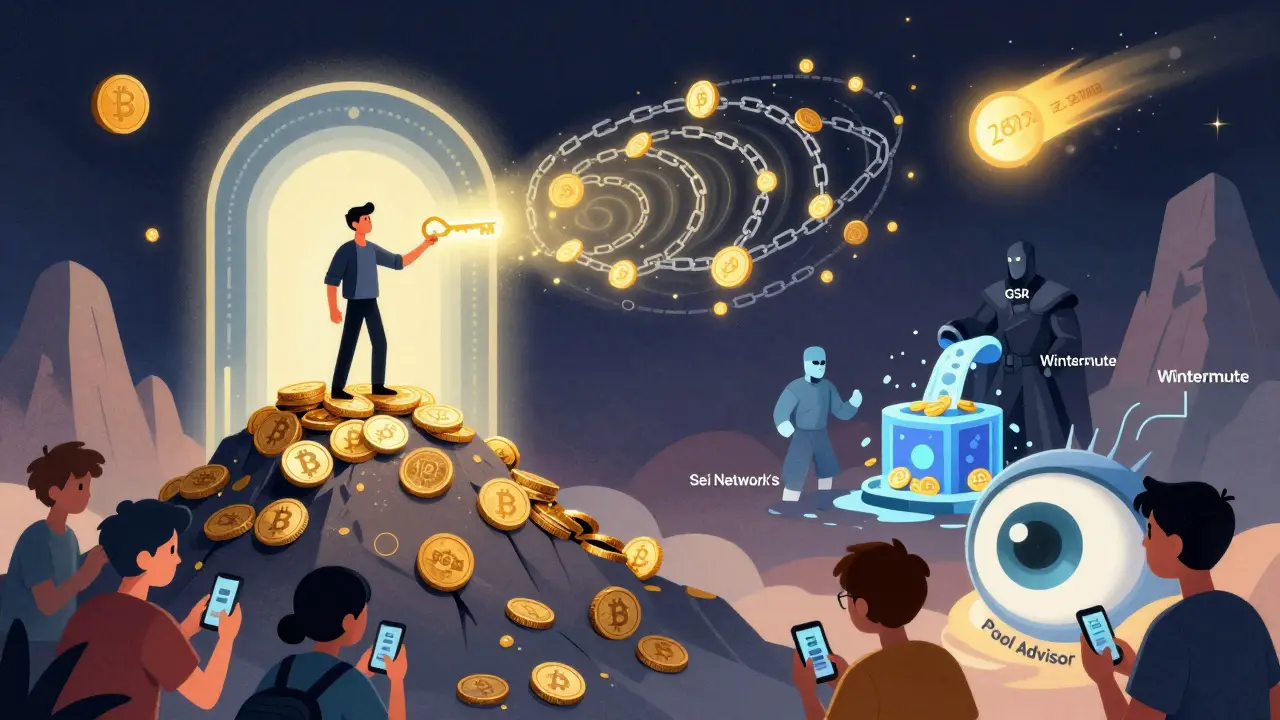 Trader atop a token mountain opening a futures portal, while AI eyes and institutional titans guide capital into the Sei Network core.