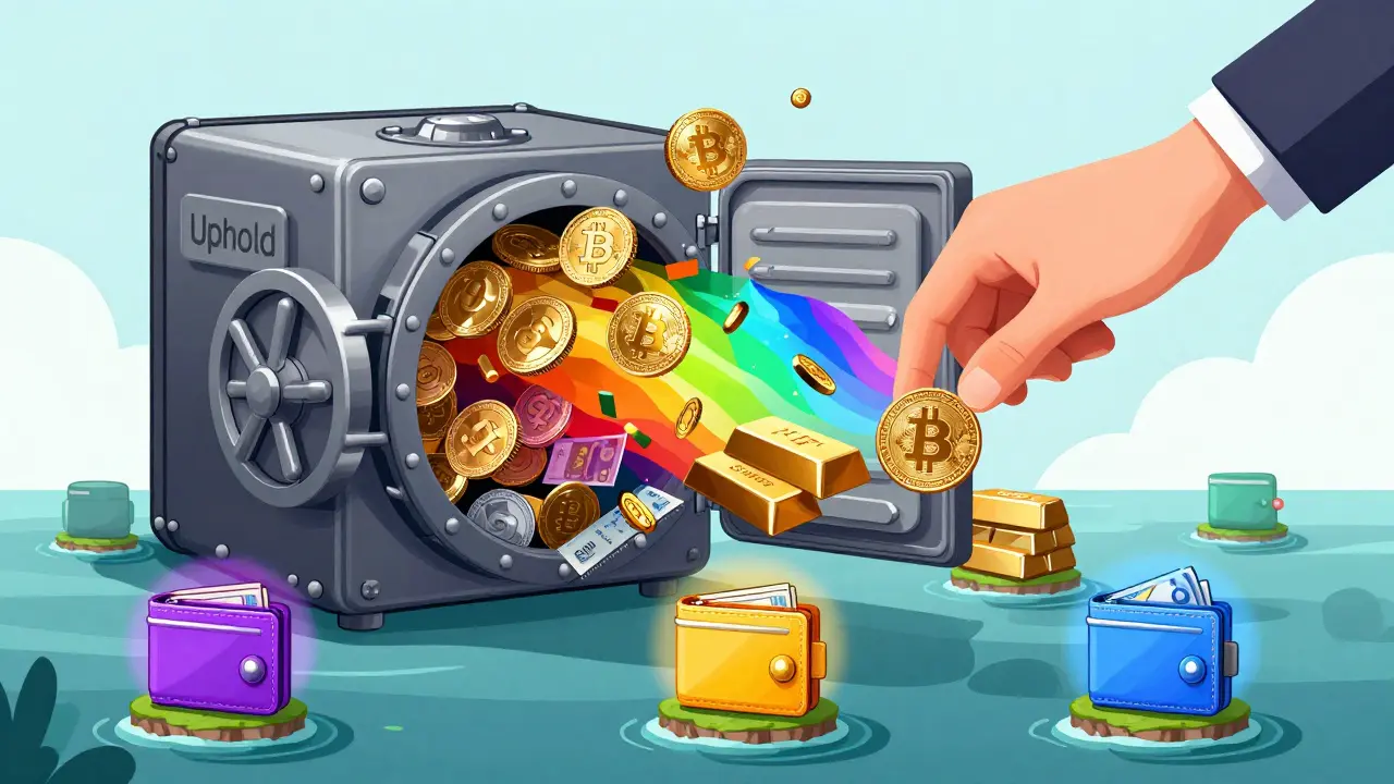 Uphold wallet spilling crypto, gold, and stocks into a rainbow vortex, other exchanges as calm islands.