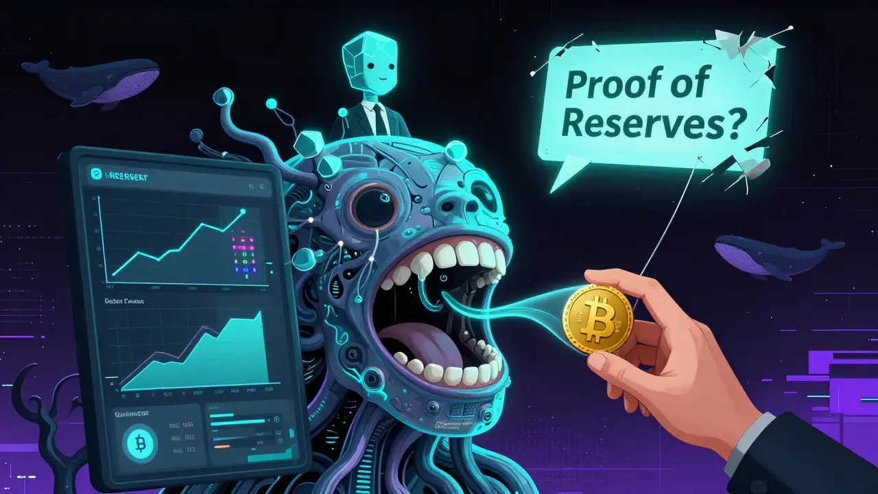 A biomechanical trading dashboard as a living organism, with charts as veins and a faceless CEO ignoring a fading proof-of-reserves sign.