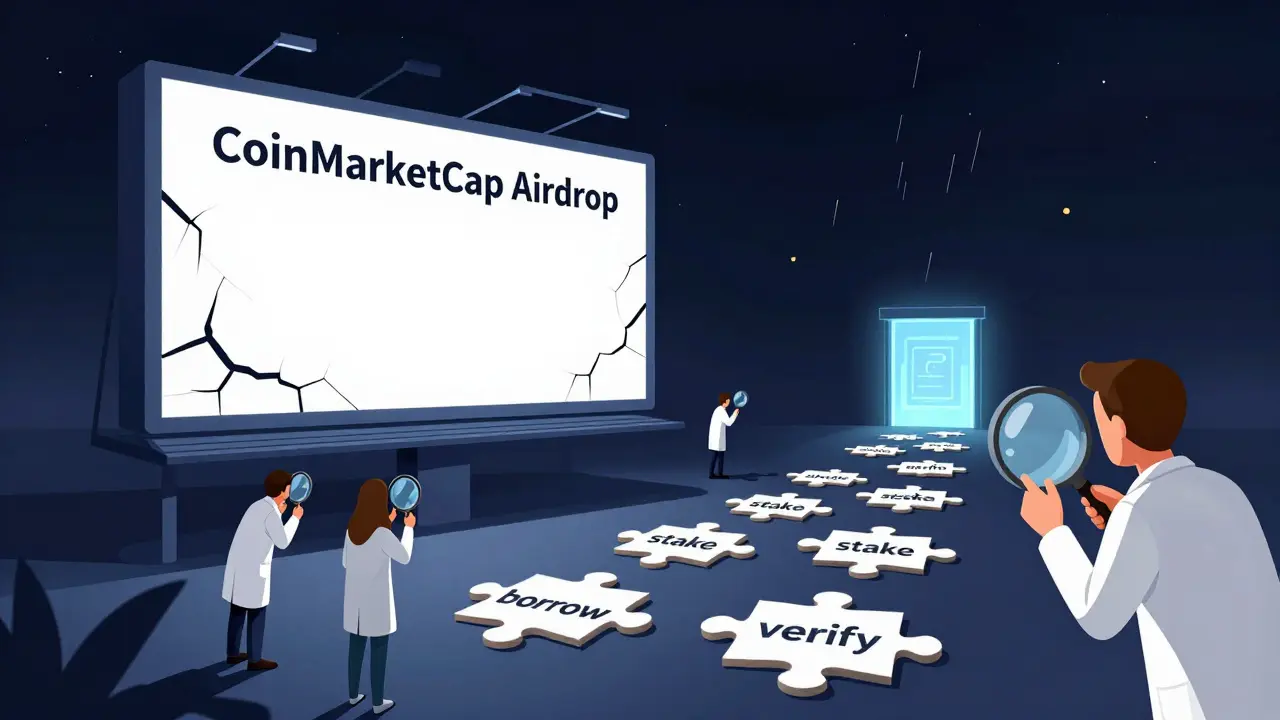 A blank CoinMarketCap billboard with puzzle pieces forming a path to a smart contract portal.
