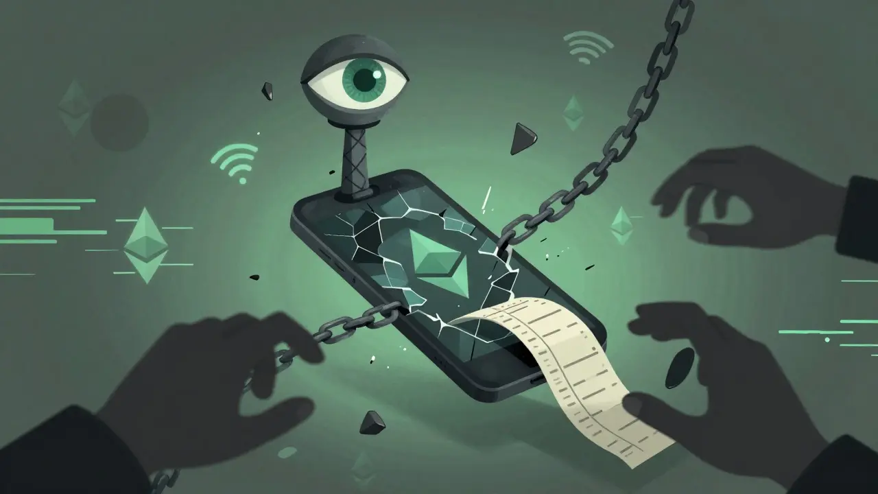 A broken phone watched by an eye-shaped tower, shadowy hands pulling an old transaction.