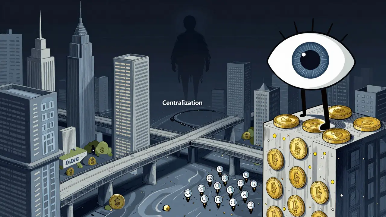 A city built of stETH tokens connects to DeFi protocols, with distributed validators rising to replace centralization.