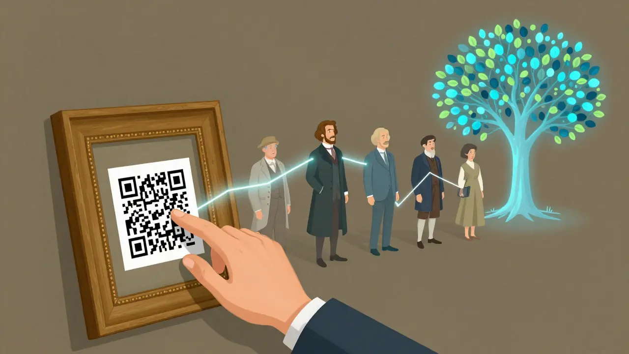 A collector touches a painting with a QR code, surrounded by ghostly past owners connected by glowing threads in a timeline.