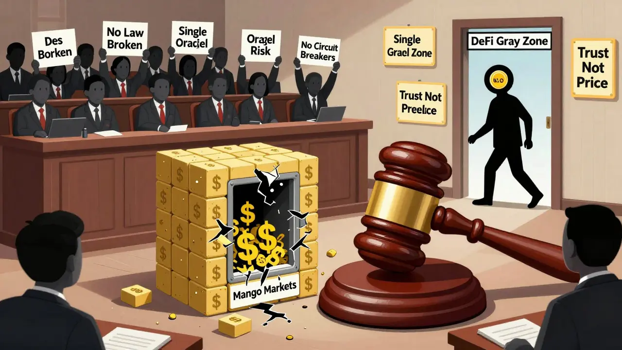 A courtroom with a blockchain gavel cracks open to reveal an empty vault, while a shadowy figure walks free amid legal warning signs.