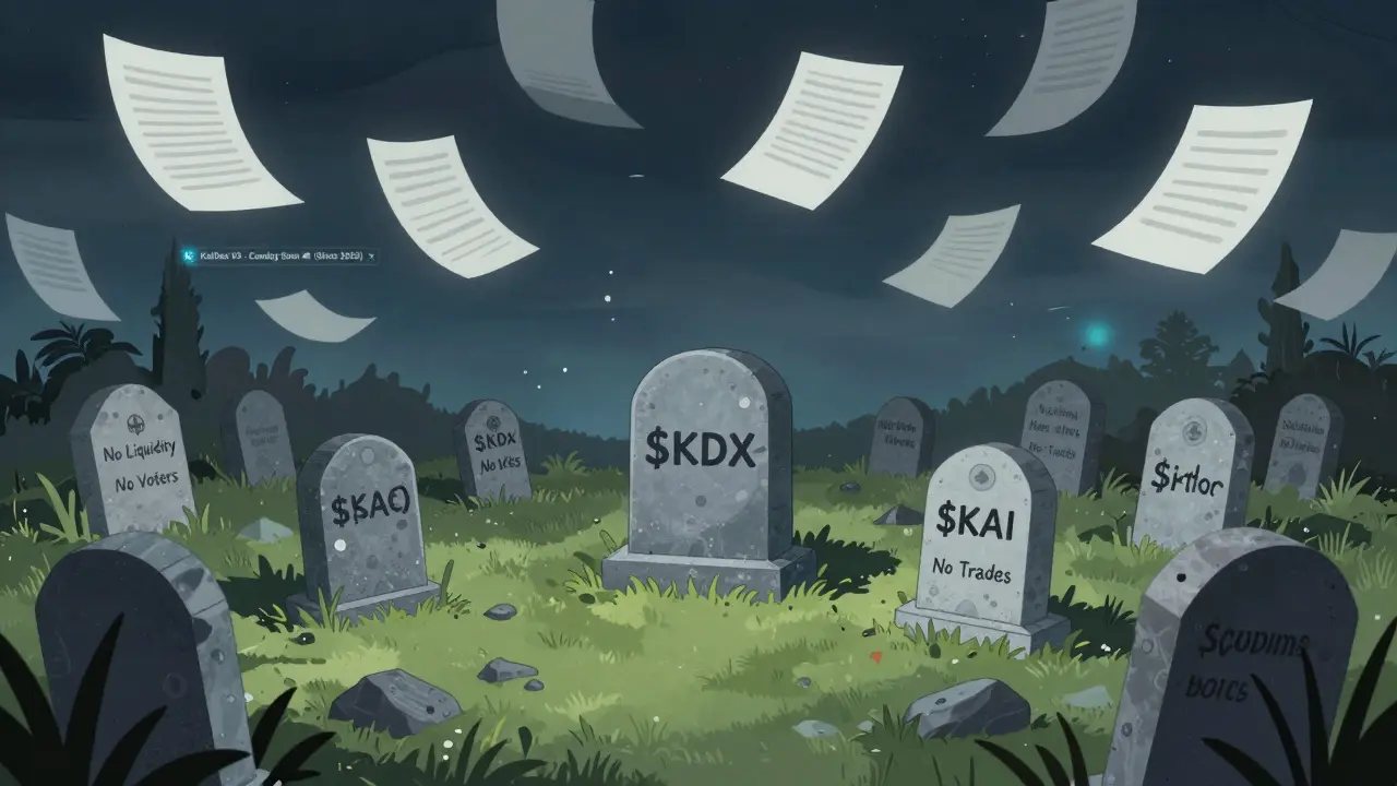A crypto graveyard with tombstones for dead tokens under a flickering 'Coming Soon' website.