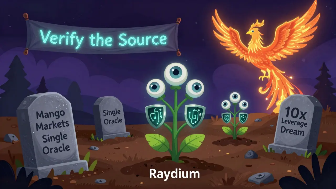A DeFi graveyard with tombstones for failed platforms, sprouting new secure projects with multi-oracle leaves and a code phoenix rising.