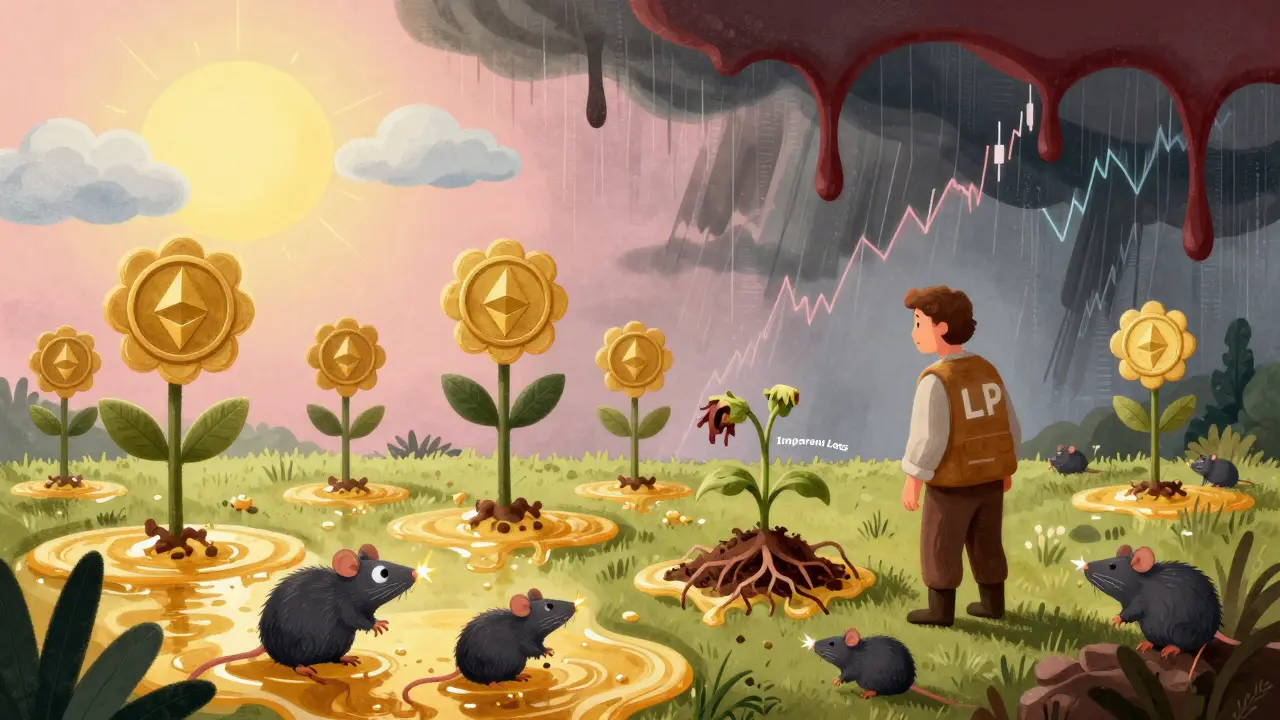 A garden of liquidity tokens being eaten by rats, while a farmer watches a plant wither under the label 'Impermanent Loss'.