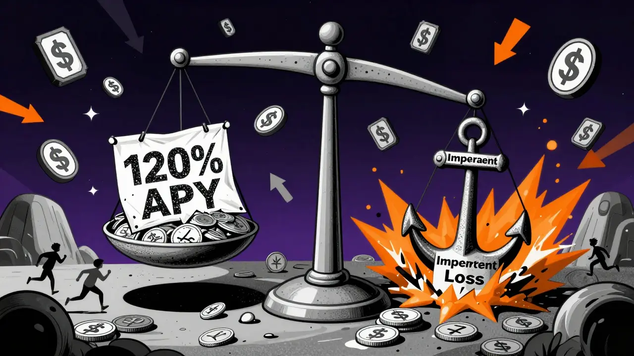 A giant scale balancing a glowing 120% APY banner against a sinking anchor labeled 'Impermanent Loss' in a melting coin pool.