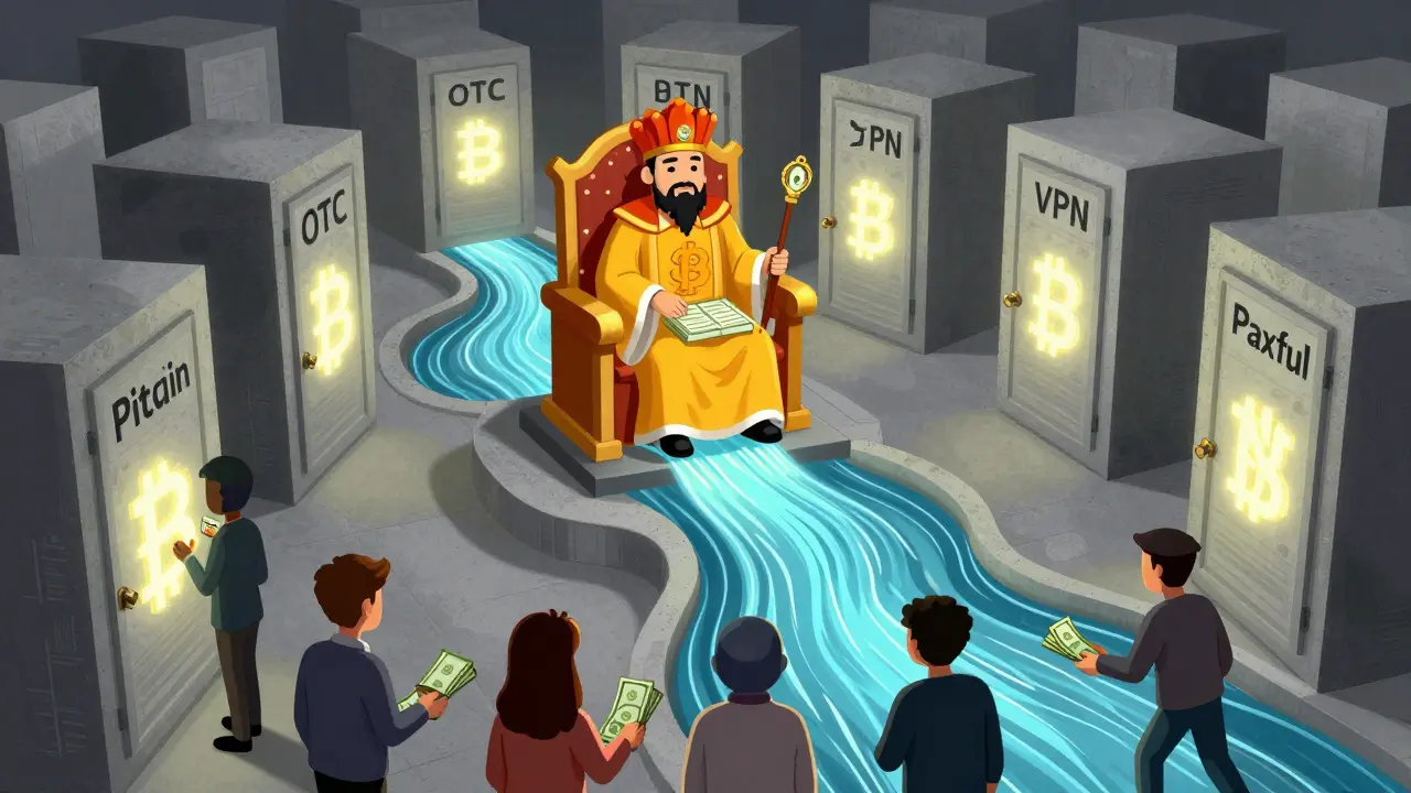 A glowing e-CNY river flows through a maze of blocked crypto paths toward a central bank throne.