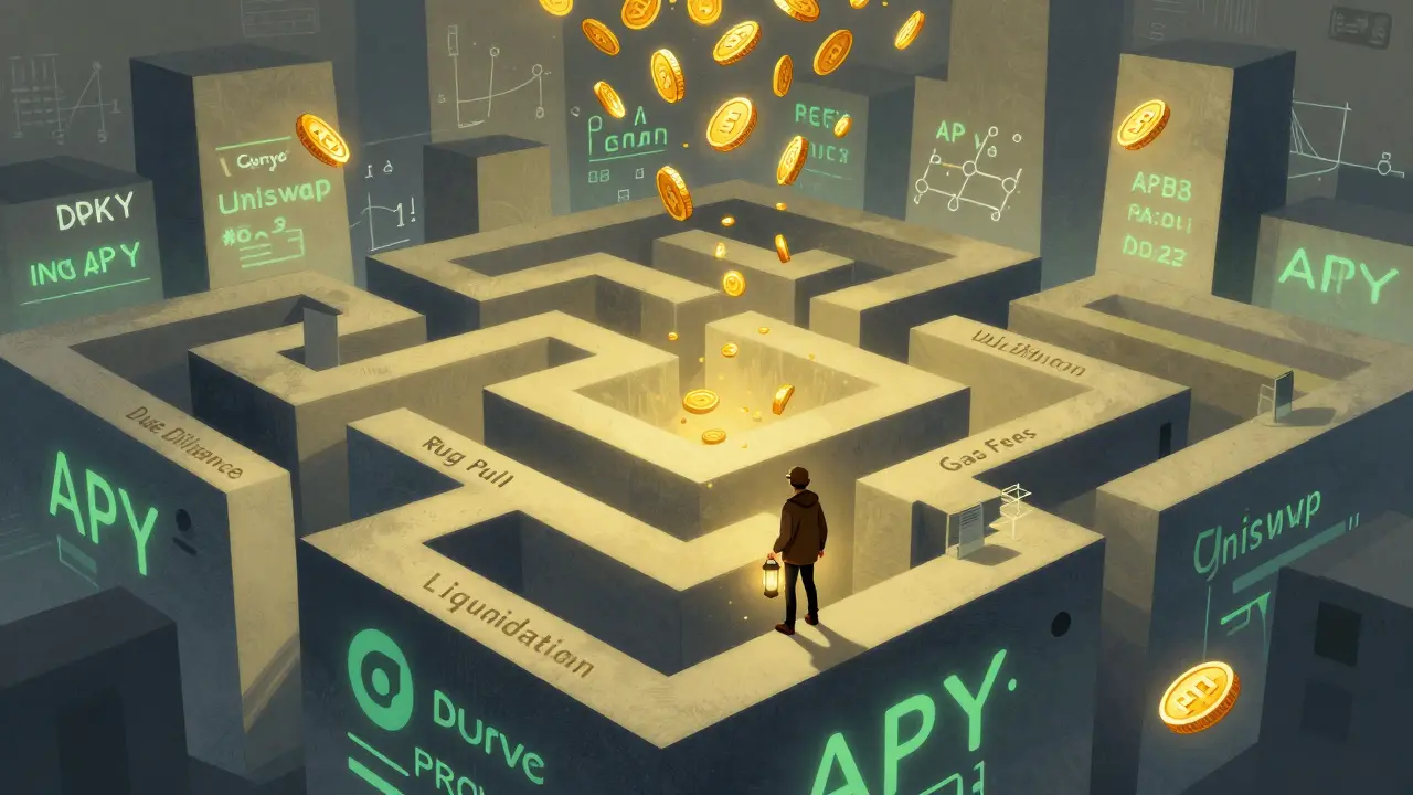 A lone traveler navigating a maze of DeFi logos, avoiding traps, while reward coins dissolve before reaching them.