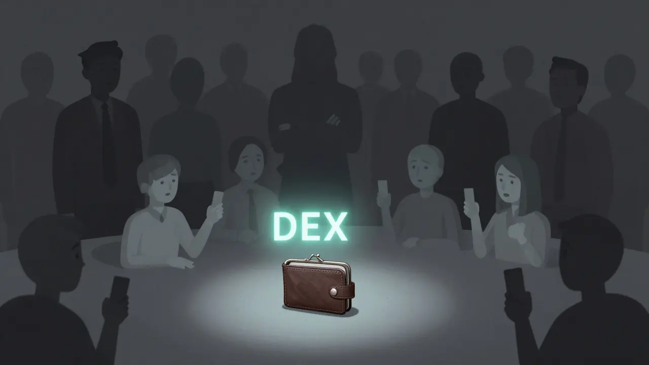 A lone wallet reaching toward a dark, silent DEX while vibrant rivals loom in shadow.