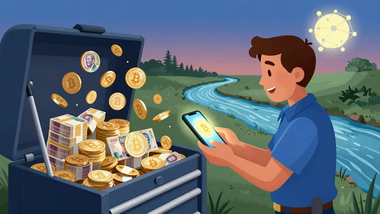 A mechanic receives Bitcoin that transforms into colones, flowing toward Nicaragua.