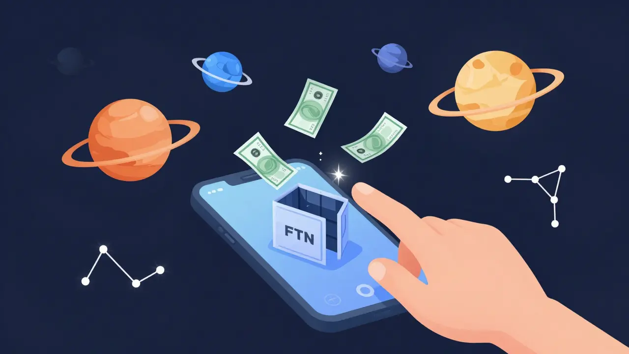 A mobile phone portal transforming into a solar system of cryptocurrencies with drifting FTN notes.