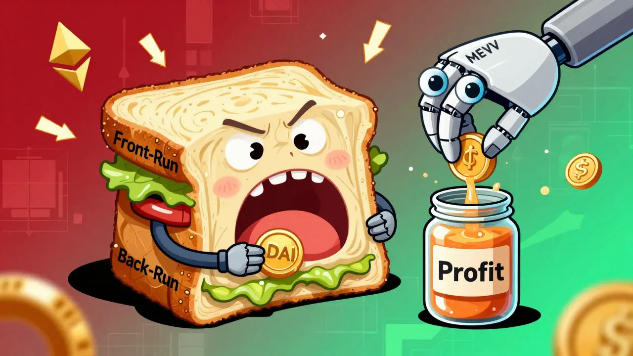 A monstrous sandwich made of front-run and back-run slices devouring a crypto user, with a robot hand collecting profit.