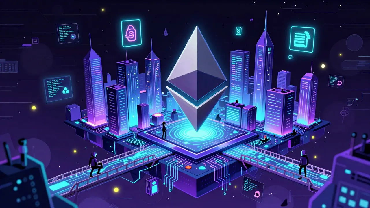 A neon cyber-city built on circuits, representing Ethereum's programmable blockchain ecosystem.