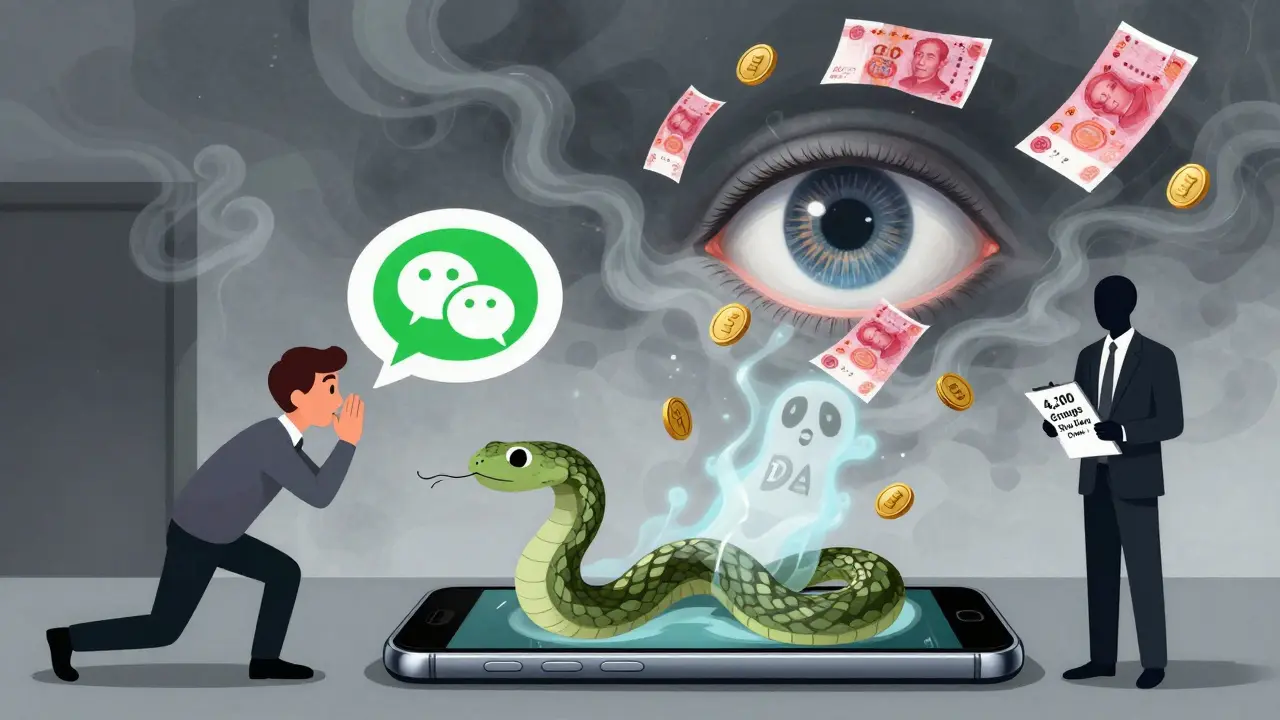 A person whispers a crypto wallet into a WeChat bubble that turns into a serpent, watched by an AI eye.