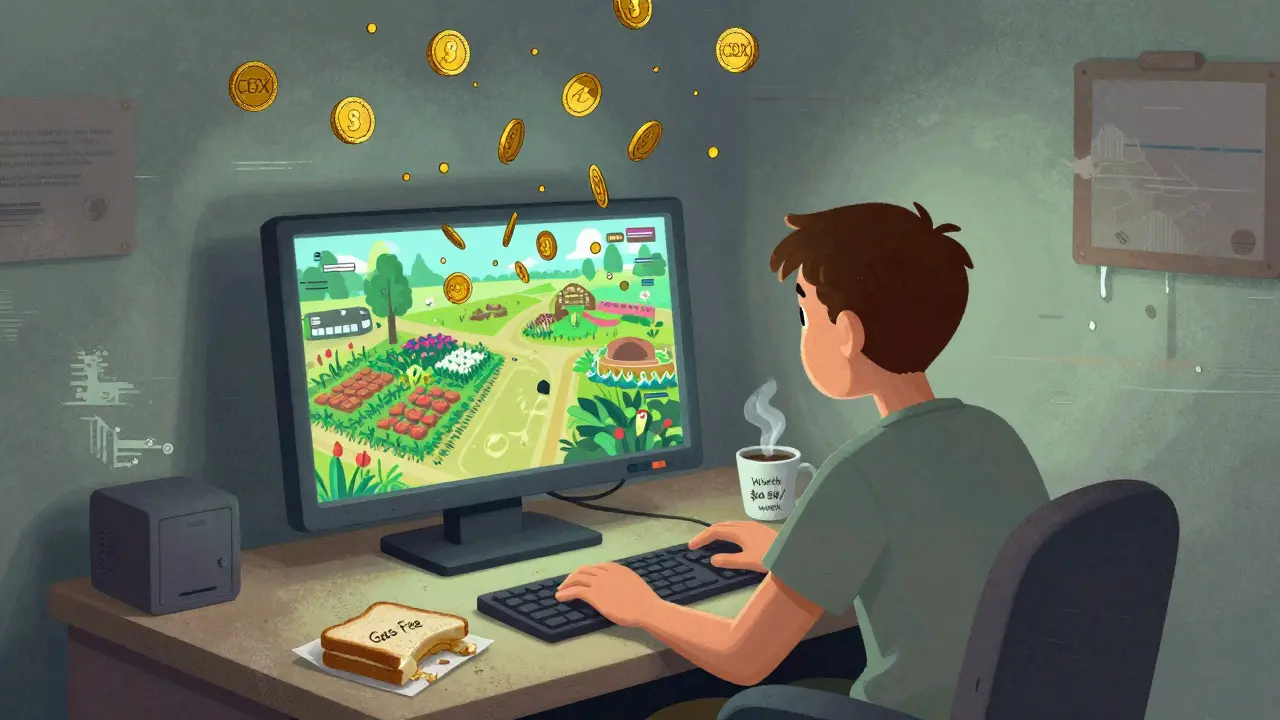 A player in a crumbling room, their screen shows a vibrant farm while CBX coins rain like ash around them.
