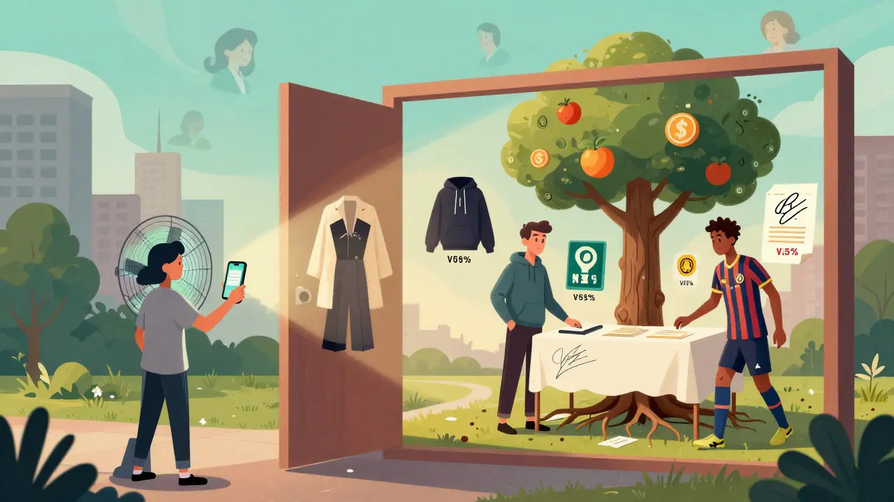 A portal connects a fan in a park to a surreal table of voting-selected merch and a tree growing digital tokens.