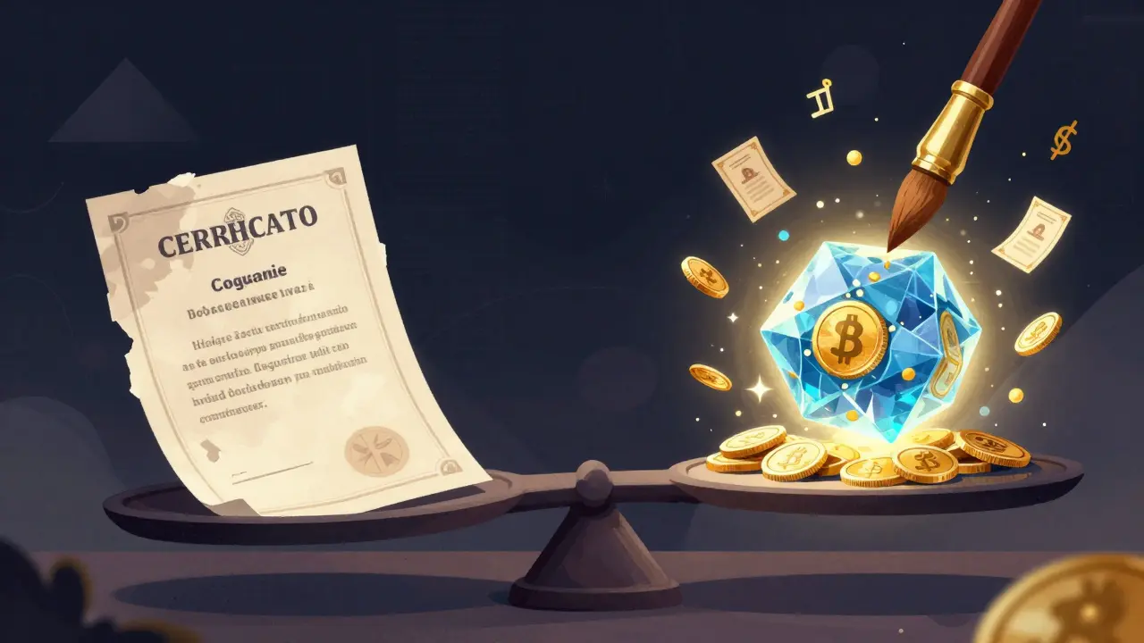 A scale balances paper vs blockchain provenance, with digital light shattering forgeries as golden royalties rise from a brush.