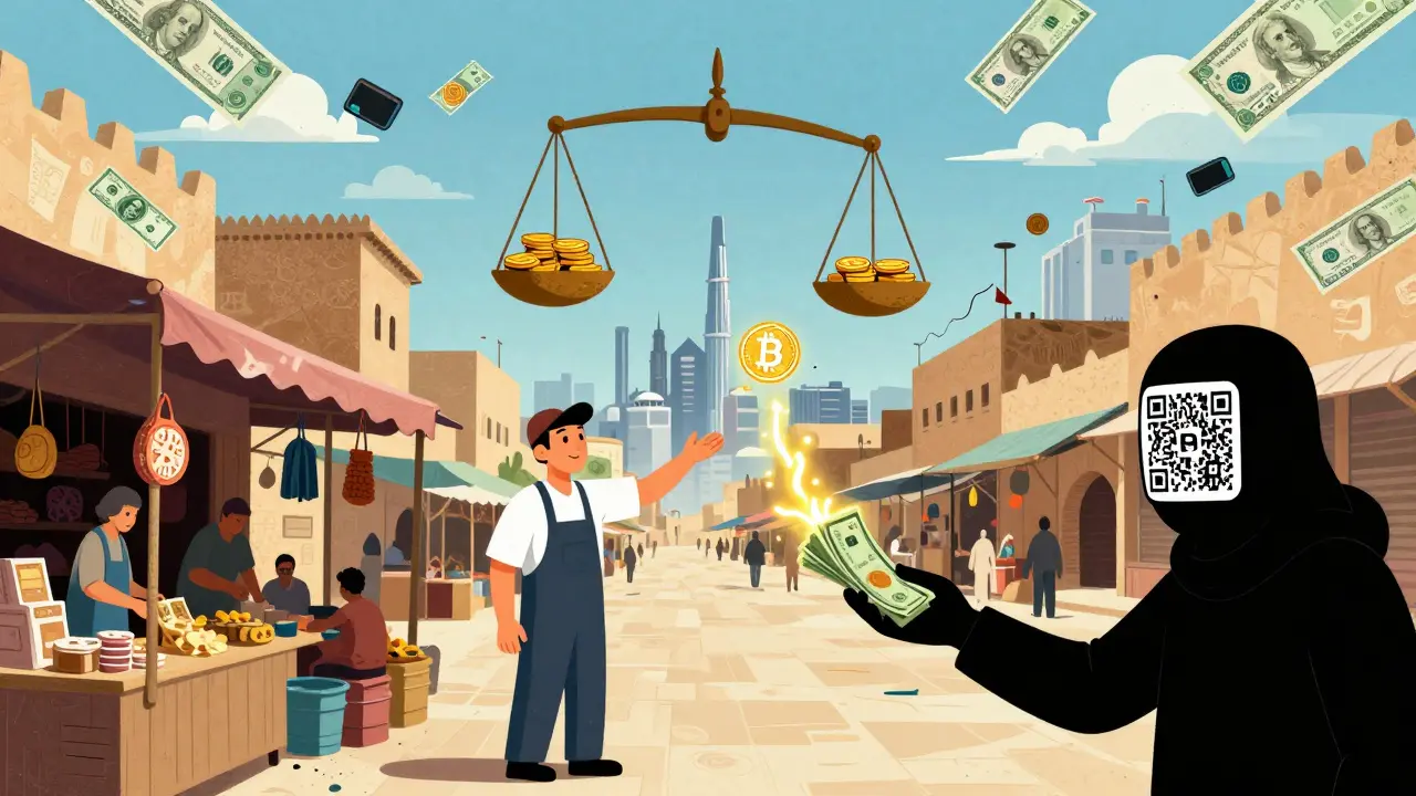 A shopkeeper trades cash for digital tokens that fly toward a factory across the ocean.