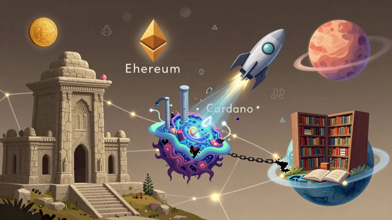 A surreal landscape of blockchain systems as different structures on planets, each with unique traits.