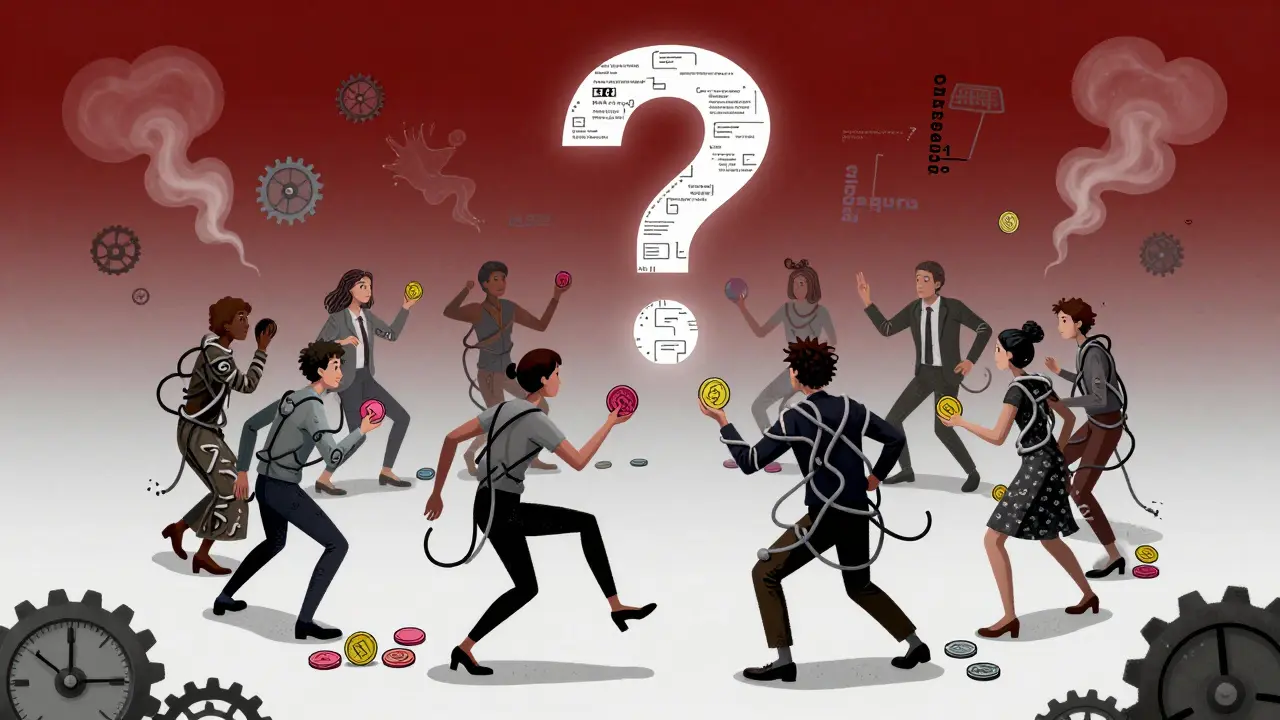 A tangled group of figures dancing with tangled code and clock gears, frozen in chaos.