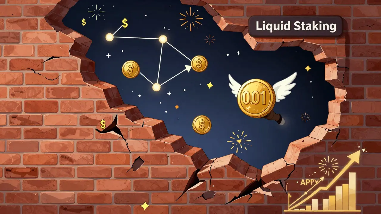 A tiny ETH coin flies through a liquid staking portal as DeFi tokens sparkle like stars in a yield constellation.