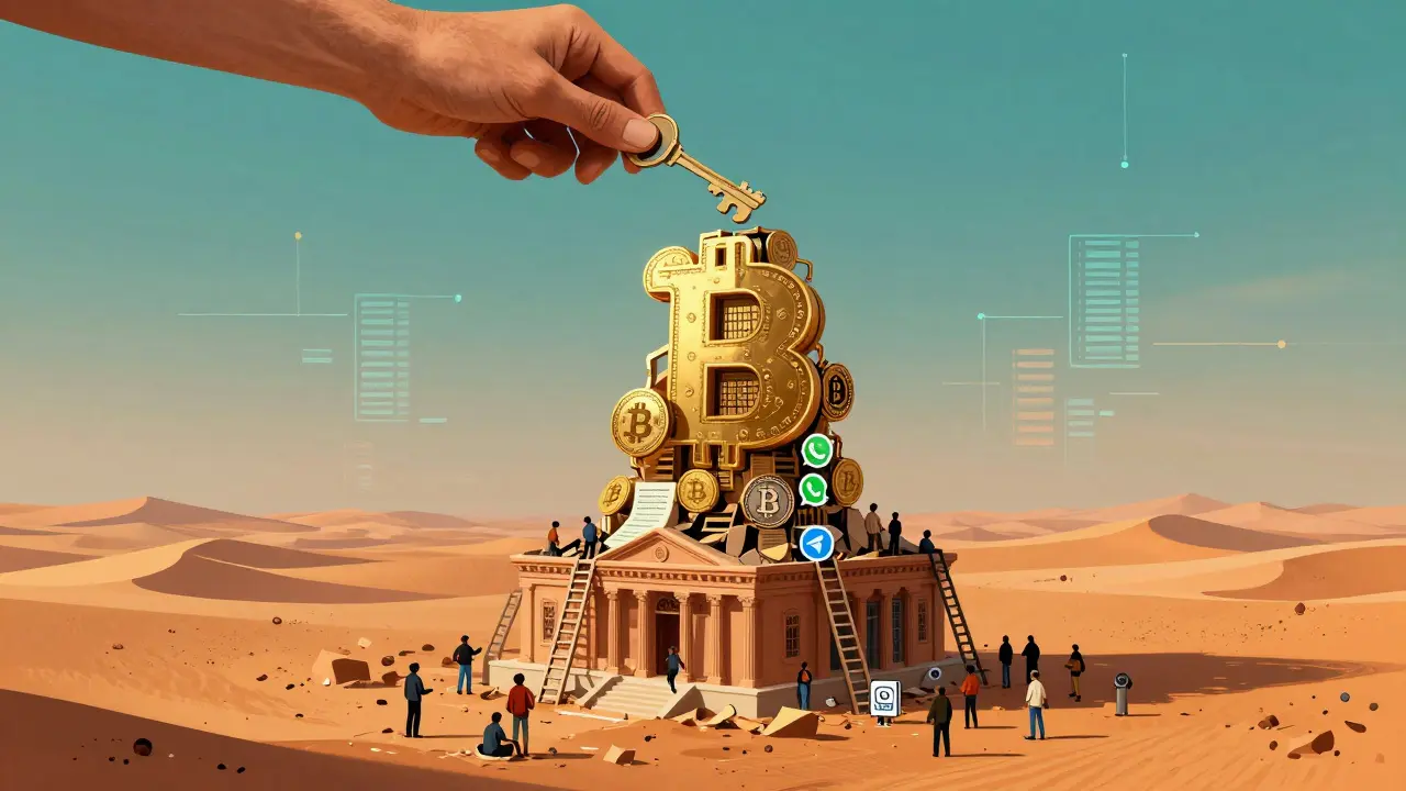 A towering digital currency structure rises from the desert as people climb hidden networks below.