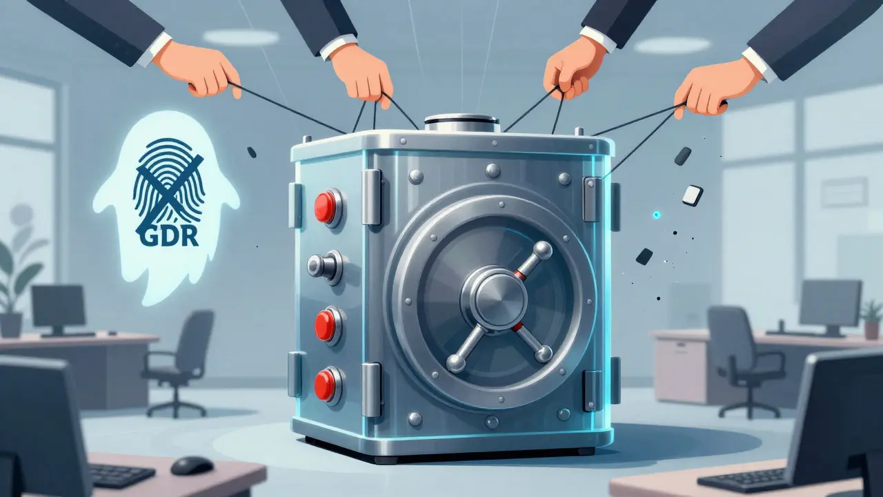 A transparent blockchain vault in an office, with hidden levers and a ghostly GDPR symbol above dissolving data.