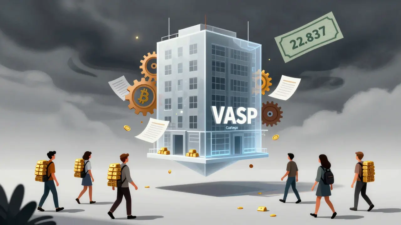 A transparent crypto business building floats above citizens untouched by pending regulation.