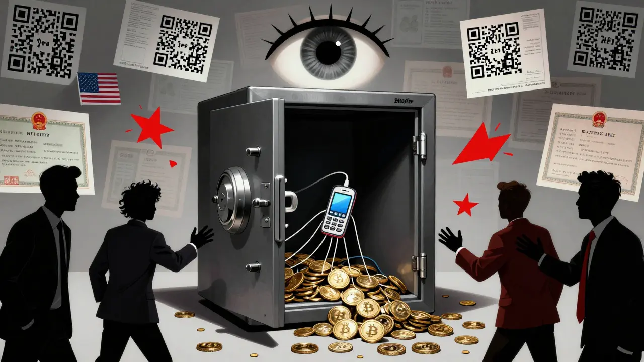 An abstract illustration of a safe spilling crypto coins into emptiness, with figures from the U.S. and EU reaching helplessly toward it.